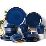 KOKEN - 16 Pc Dinnerware sets for 4 - Porcelain dinnerware set - Plates and bowls sets - Dishes Set for 4 – Microwave safe plates and bowls sets - kitchen sets for home - Blue plates And Golden Rim