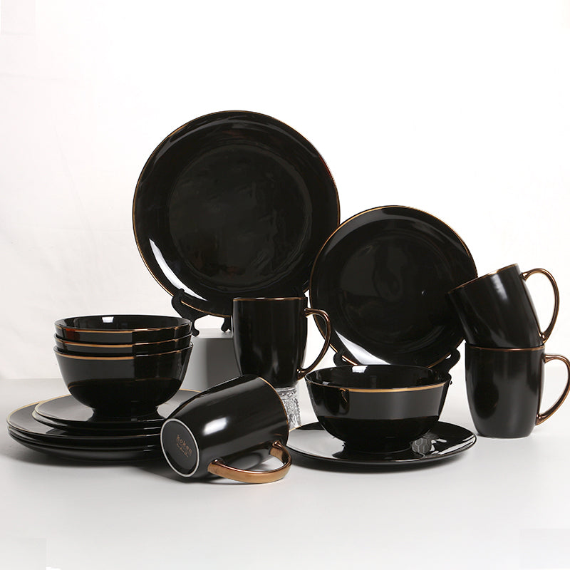 KOKEN - 16 Piece Dinnerware Set (Service for 4) fine bone china - China dinnerware set - Plates, Bowls Sets Dishes Set for 4 – Plates set, mugs, Bowls - Microwave safe - Black Golden Rim