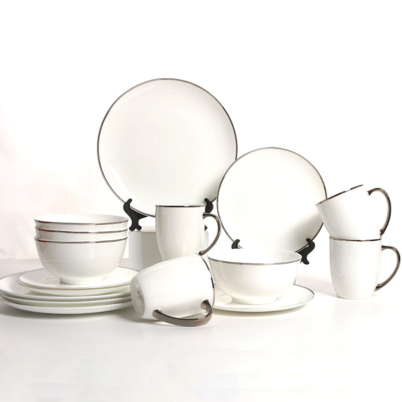 KOKEN - 16 Piece Dinnerware Set (Service for 4) fine bone china - China dinnerware set - Plates, Bowls Sets Dishes Set for 4 – Plates set, mugs, Bowls - Microwave safe (WHITE SILVER RIM)