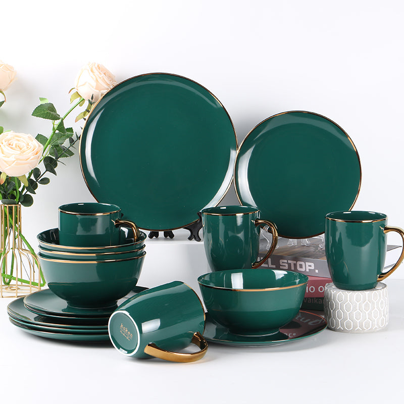 KOKEN - 16 Piece Dinnerware Set (Service for 4) fine bone china - China dinnerware set - Plates, Bowls Sets Dishes Set for 4 – Plates set, mugs, Bowls - Microwave safe  - Black Golden Rim