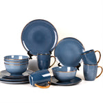 KOKEN - 16 Pc Dinnerware sets for 4 - Porcelain dinnerware set - Plates and bowls sets - Dishes Set for 4 – Microwave safe plates and bowls sets - kitchen sets for home - Blue plates And Golden Rim