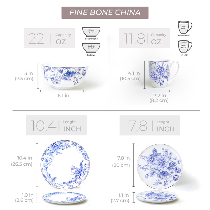 Blue Flower Collection - 16 Pc Bone China Dinnerware Sets – Blue china dinnerware set - Plates and Bowls Sets Dishes Set for 4 – Kitchen Plates, mugs, Bowls - Microwave safe china sets for home - Dining set Floral