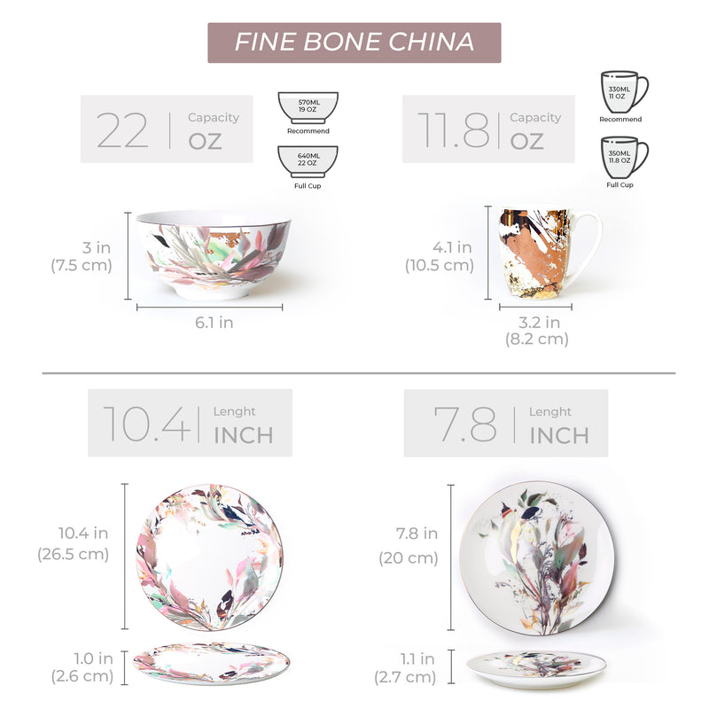 Spring Collection - 16-Pc Elegant China Dinnerware Set | Microwave & Dishwasher Safe, Stackable | Ultra-White, Lightweight Porcelain | 10.4" & 7.8" Plates, 22oz Bowls, 11.8oz Mugs, Bone China