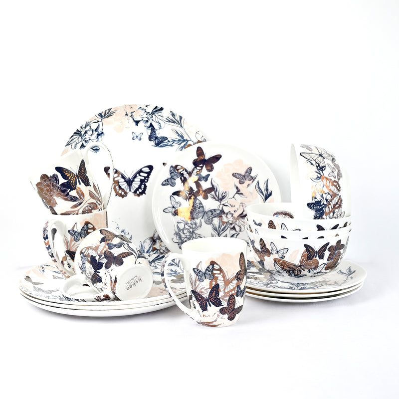 Butterfly Blue Collection - 16 Piece Dinnerware Set | Service for 4, Fine Bone China | Pink Flower Collection | Perfect for Everyday & Special Occasions | Floral & Fauna, Multicolor, china Set | Bone China | dish set