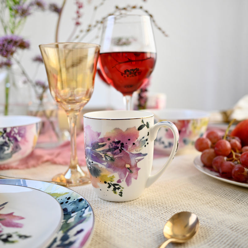 Water Flower  Collection - 16 Piece Dinnerware Set | Service for 4, Fine Bone China | Pink Flower Collection | Perfect for Everyday & Special Occasions | Floral & Fauna, Multicolor, china Set | Bone China | dish set