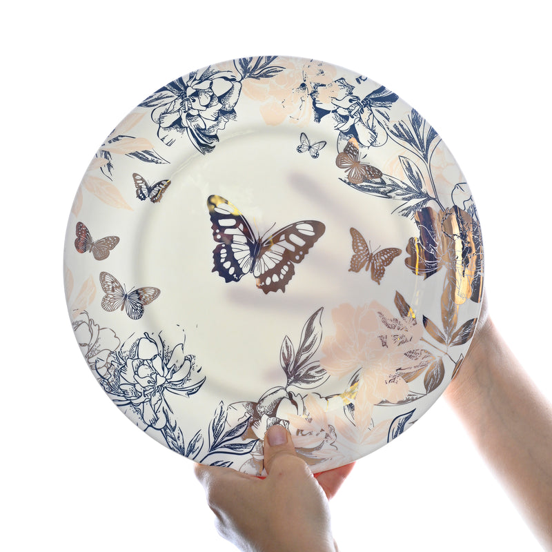 Butterfly Blue Collection - 16 Piece Dinnerware Set | Service for 4, Fine Bone China | Pink Flower Collection | Perfect for Everyday & Special Occasions | Floral & Fauna, Multicolor, china Set | Bone China | dish set