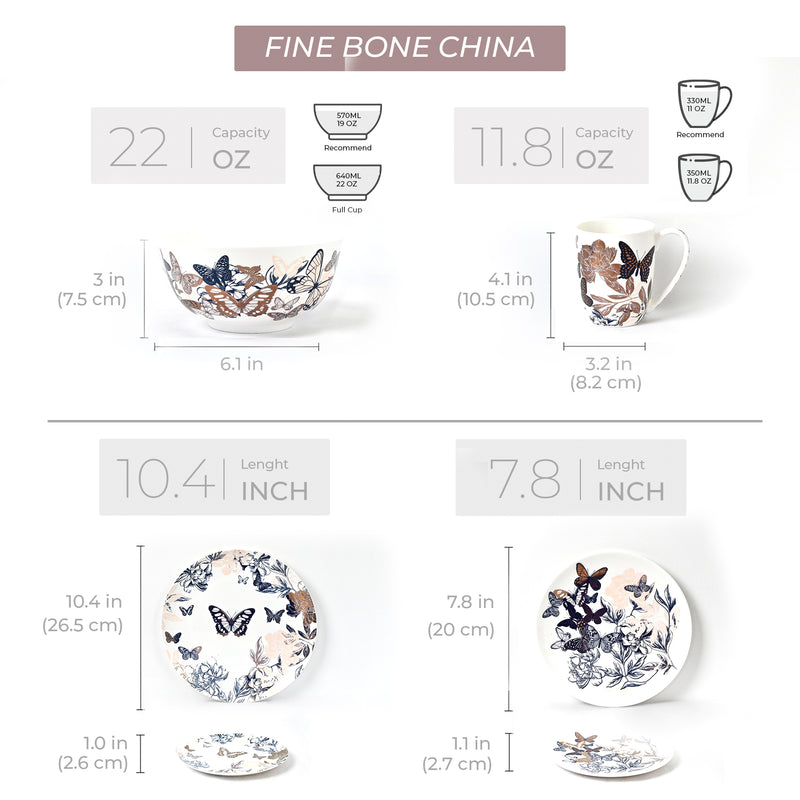 Butterfly Blue Collection - 16 Piece Dinnerware Set | Service for 4, Fine Bone China | Pink Flower Collection | Perfect for Everyday & Special Occasions | Floral & Fauna, Multicolor, china Set | Bone China | dish set