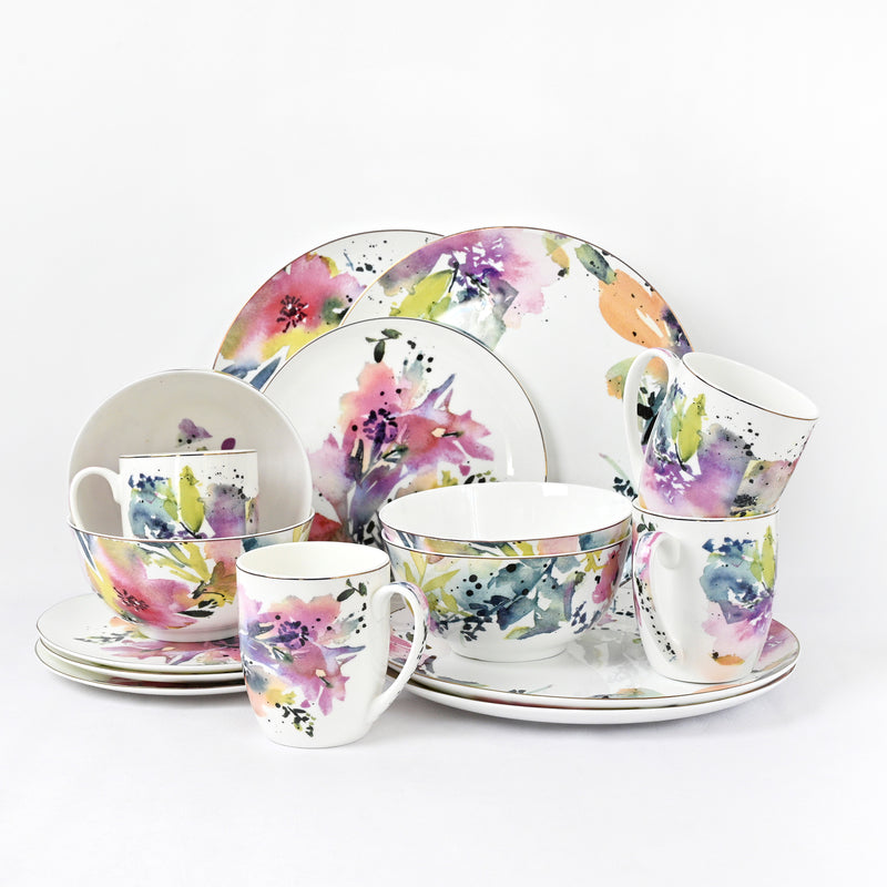 Water Flower  Collection - 16 Piece Dinnerware Set | Service for 4, Fine Bone China | Pink Flower Collection | Perfect for Everyday & Special Occasions | Floral & Fauna, Multicolor, china Set | Bone China | dish set