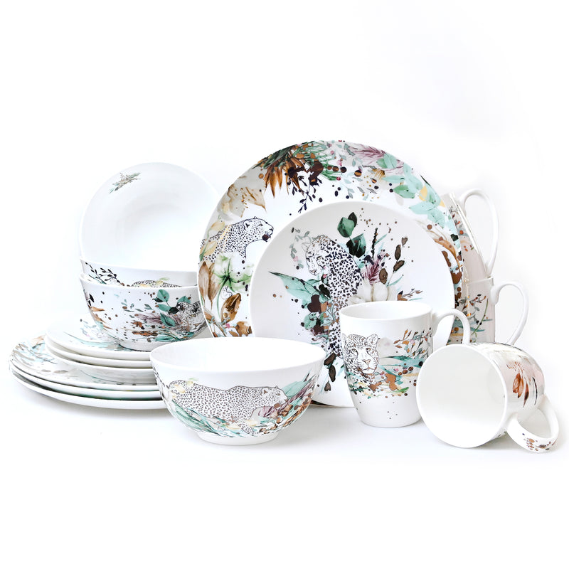 Jungle Collection - 16 Pc Bone China Dinnerware Sets – China dinnerware set - Plates and Bowls Sets Dishes Set for 4 – Kitchen Plates, mugs, Bowls, plate set - Microwave safe plates & bowls for home - Dining