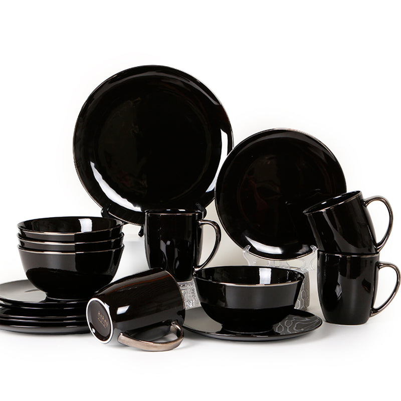 KOKEN - 16 Pc Dinnerware sets for 4 - Porcelain dinnerware set - Plates and bowls sets - Dishes Set for 4, Microwave safe plates and bowls sets, kitchen sets for home, black dinnerware sets Silver Rim